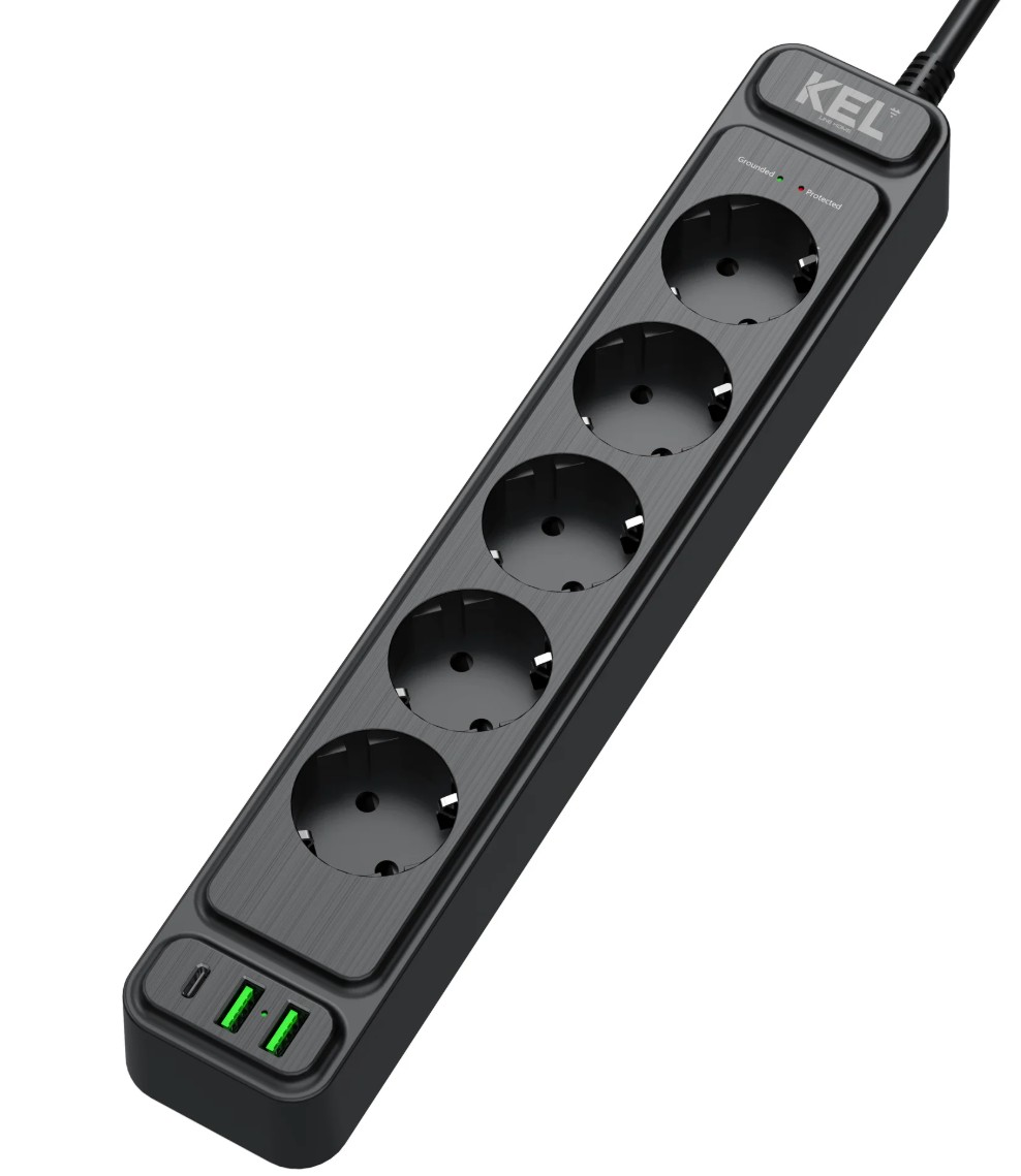 Fjöltengi 5f Með Yfirspennuvörn + Usb-c+a, Svart 1,5m Snúra