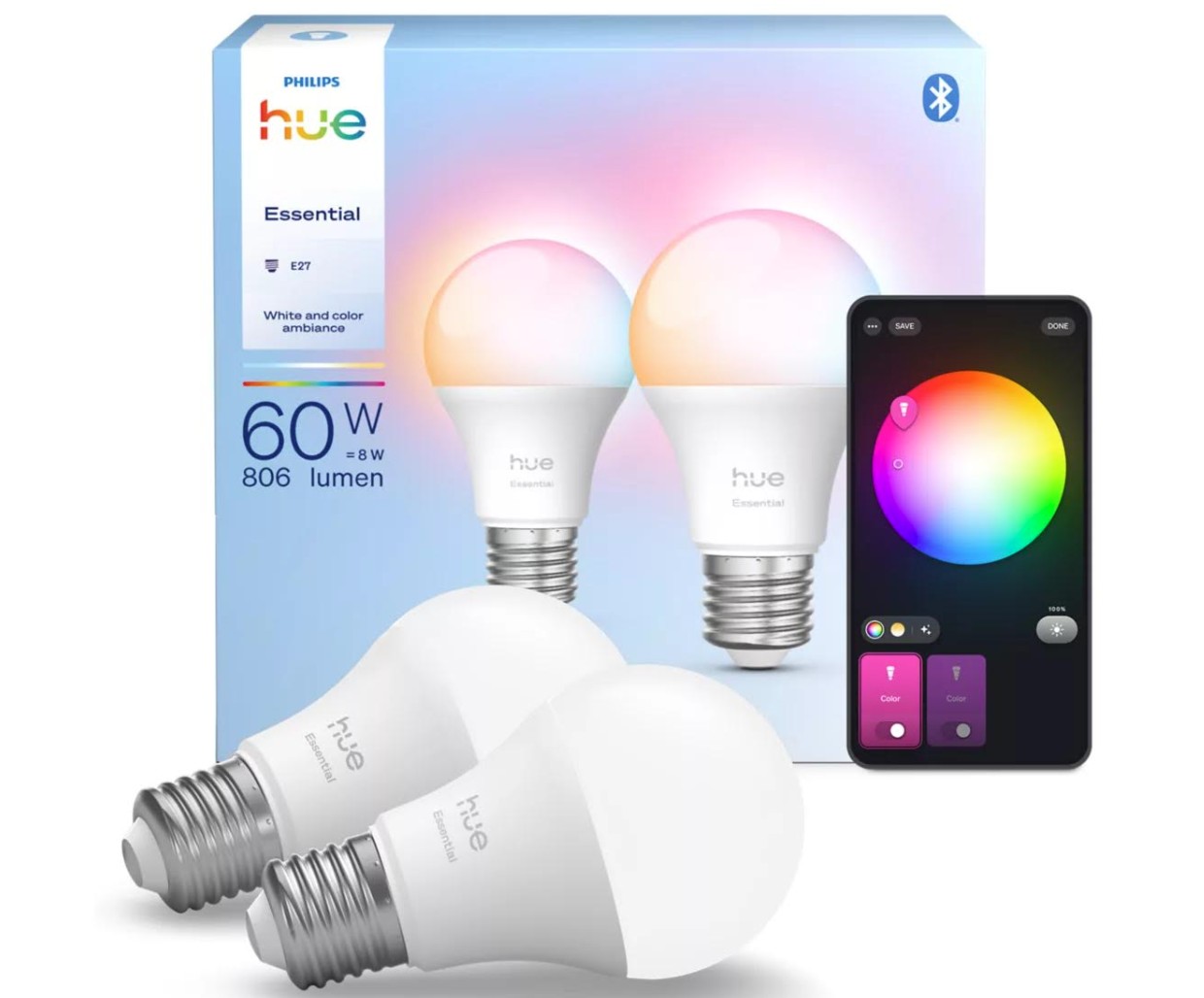 Hue Essential 60w Rgbw E27 806lm 8w 2 Pack