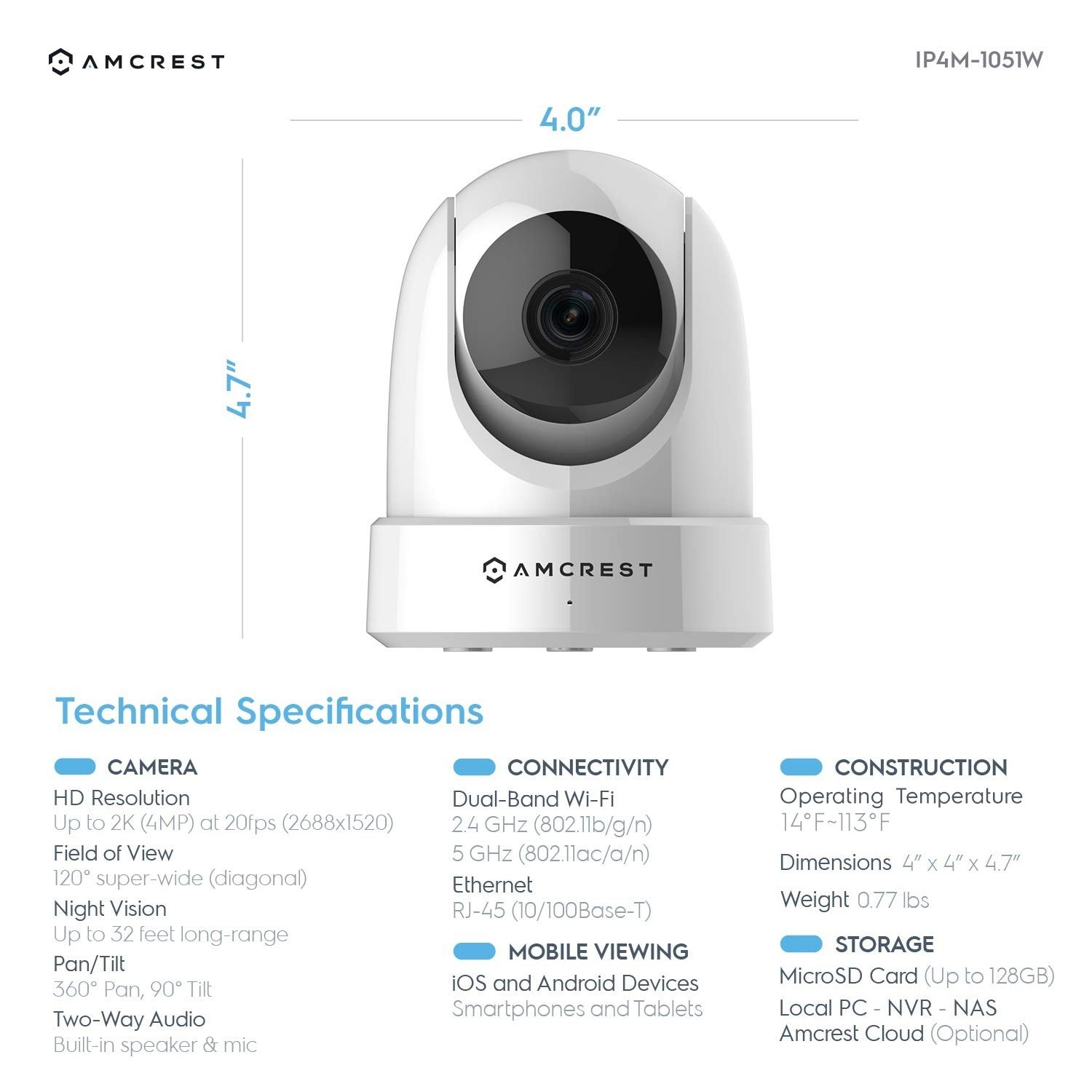 Amcrest Ip4m-1051w 4mp Pantilt Wifi Camera