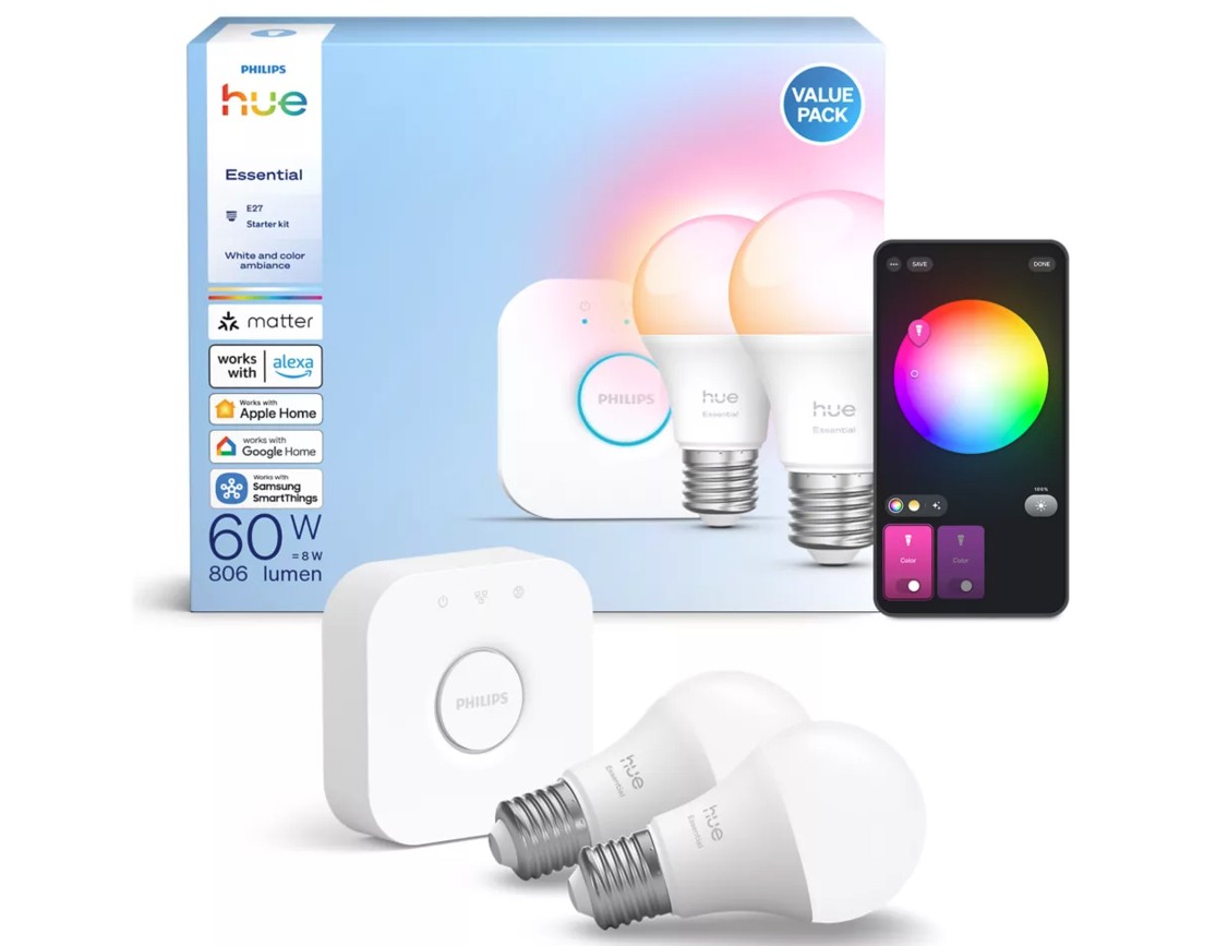 Hue Essential 60w Rgbw E27 806lm 8w Startsett 2 Perur + Brú
