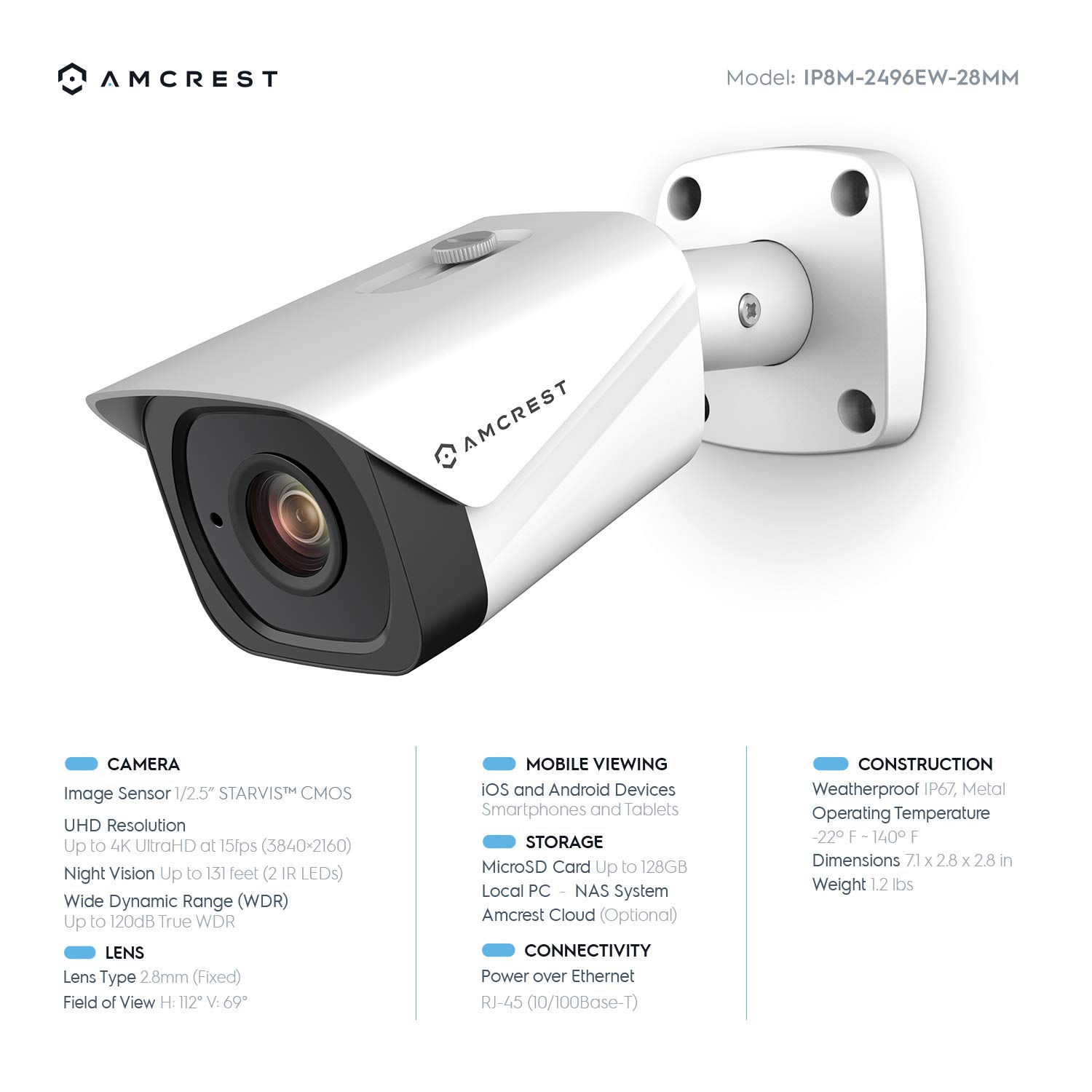 Amcrest IP8M-2496EW UltraHD4K(8MP)OutdoorBullet POE IP White